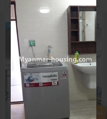 Myanmar real estate - for rent property - No.4710 - Two BHK Sanchaung Garden Residence Condominium room for rent in Sanchaung! - washing machine view in bathroom